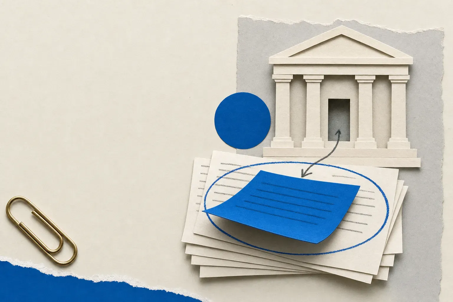 Collage of a bank facade with a new bulletin circled, illustrating banking regulatory change tracking