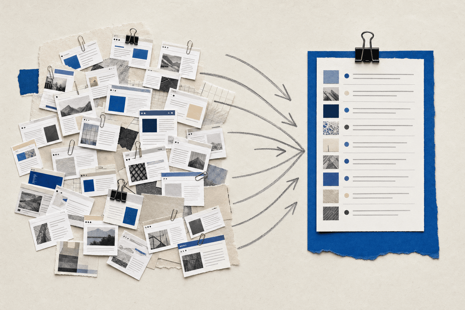 Editorial collage of scattered webpage rectangles being imported via graphite arrows into a Visualping-blue clipboard on warm paper — bulk import