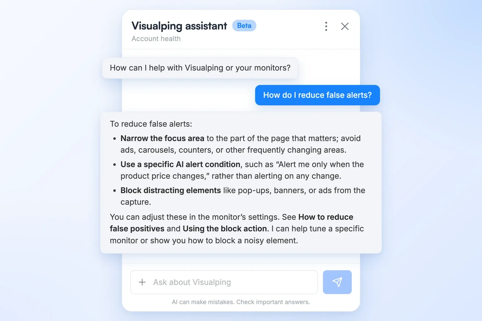 Visualping assistant panel answering how to reduce false alerts