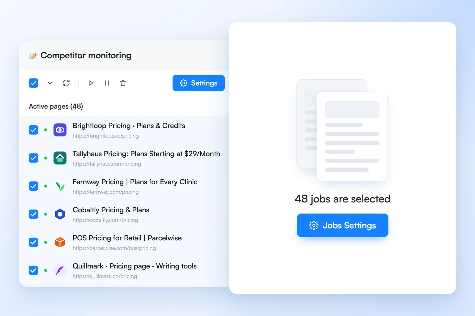 Visualping monitor list with 48 pricing pages selected and the Jobs Settings button