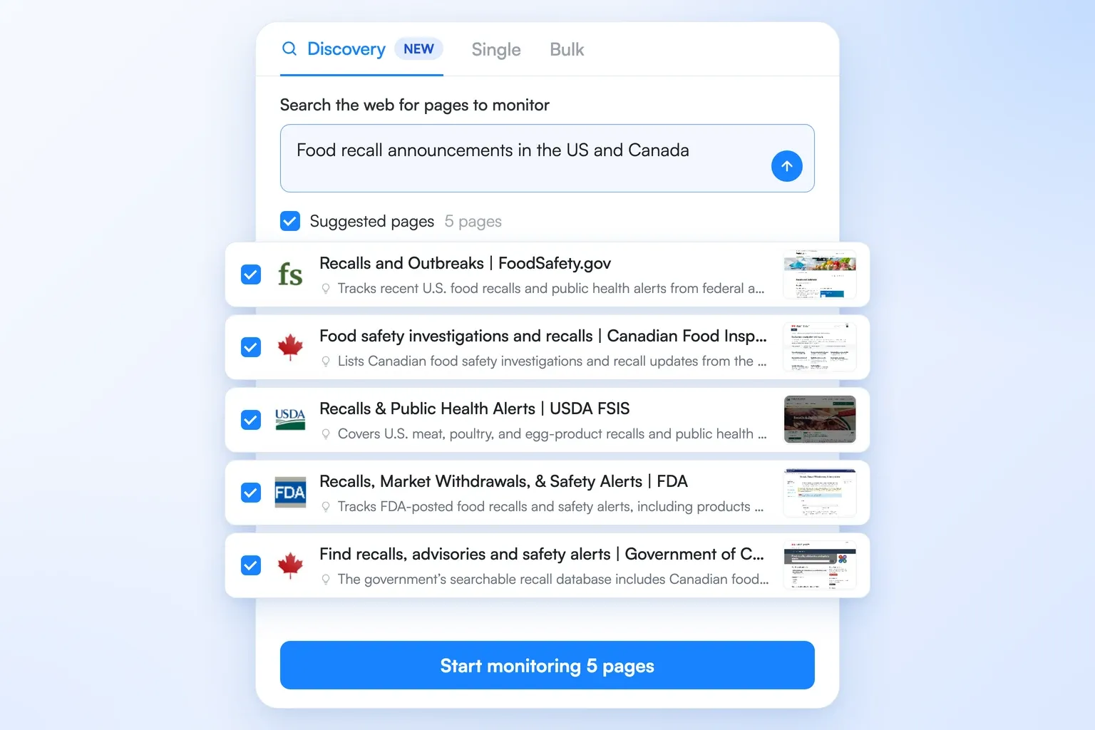 Visualping Discovery suggesting five food recall pages to monitor