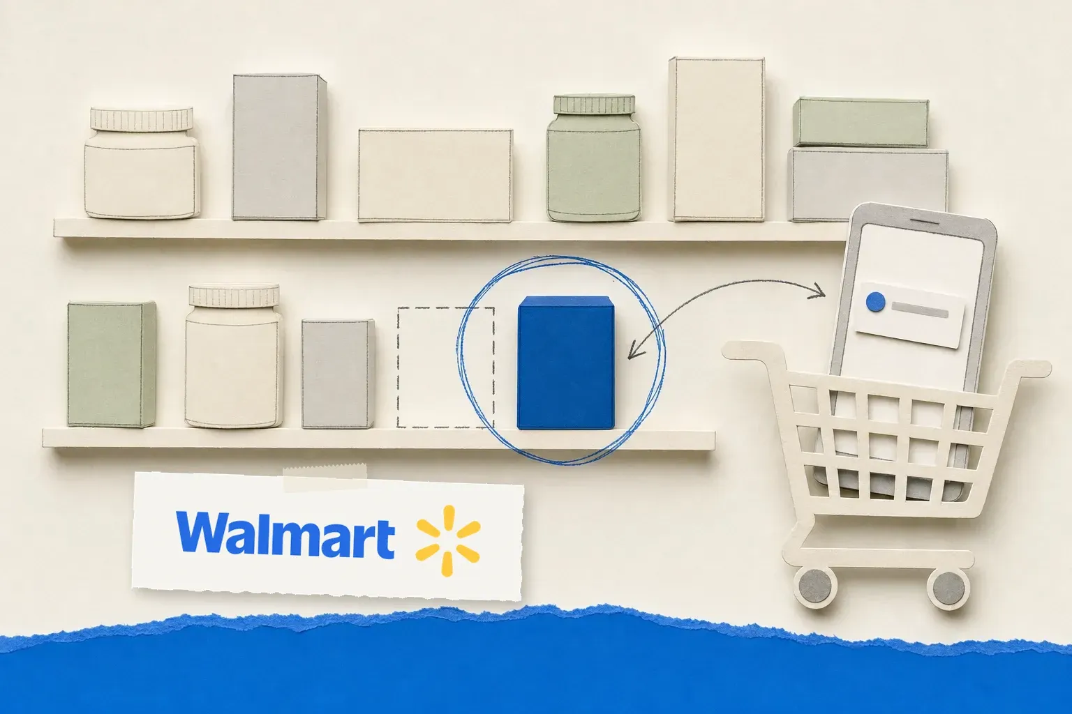 Collage of a store aisle with one blue box restocked and circled, illustrating Walmart in-stock alerts