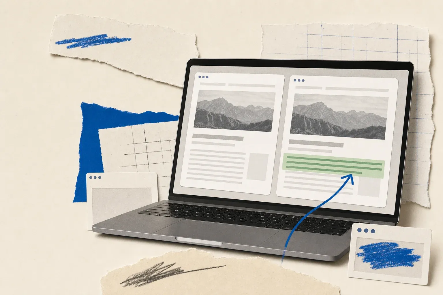 Desk with laptop showing two webpage screenshots side by side with a green change highlight bar on the right