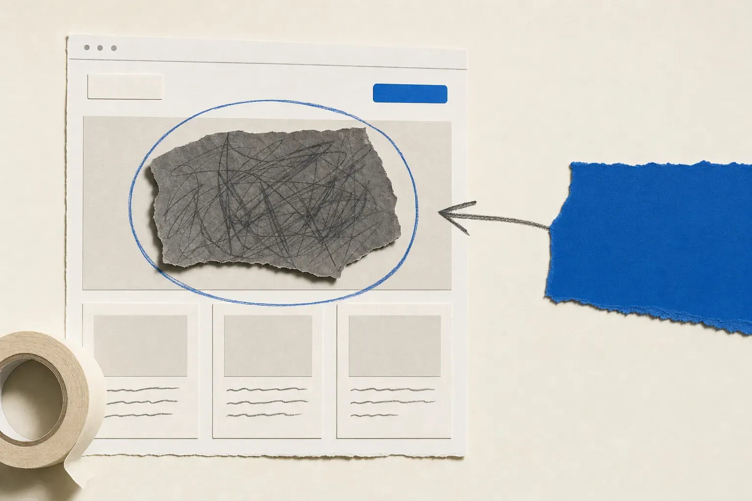 Collage of a homepage with a scribbled patch pasted over it and circled, illustrating website defacement