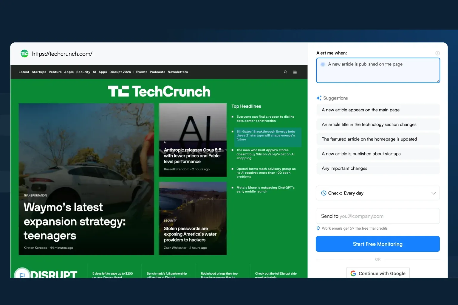 Visualping monitoring the TechCrunch homepage for new articles
