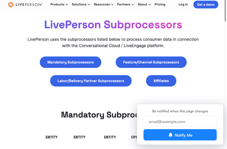 Subprocessor Change Alerts | Visualping Button